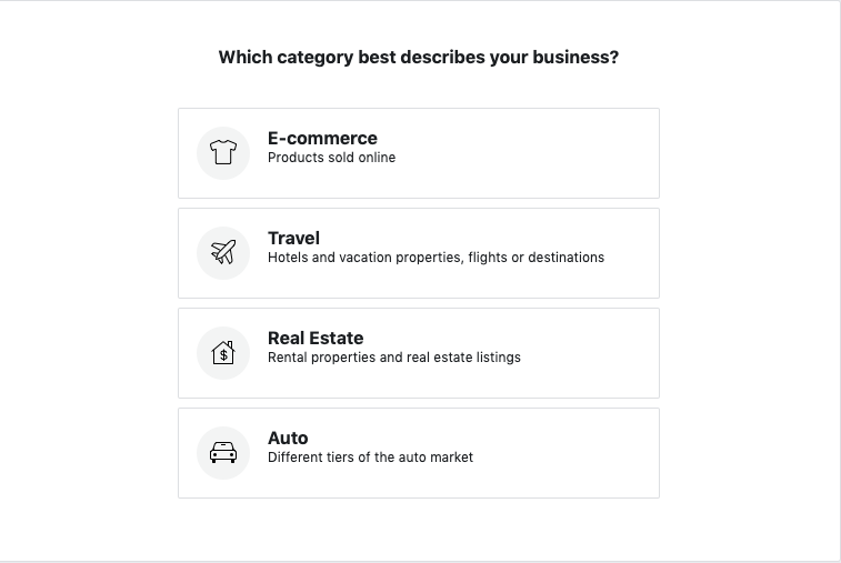 A screenshot depicting the different categories of business available.